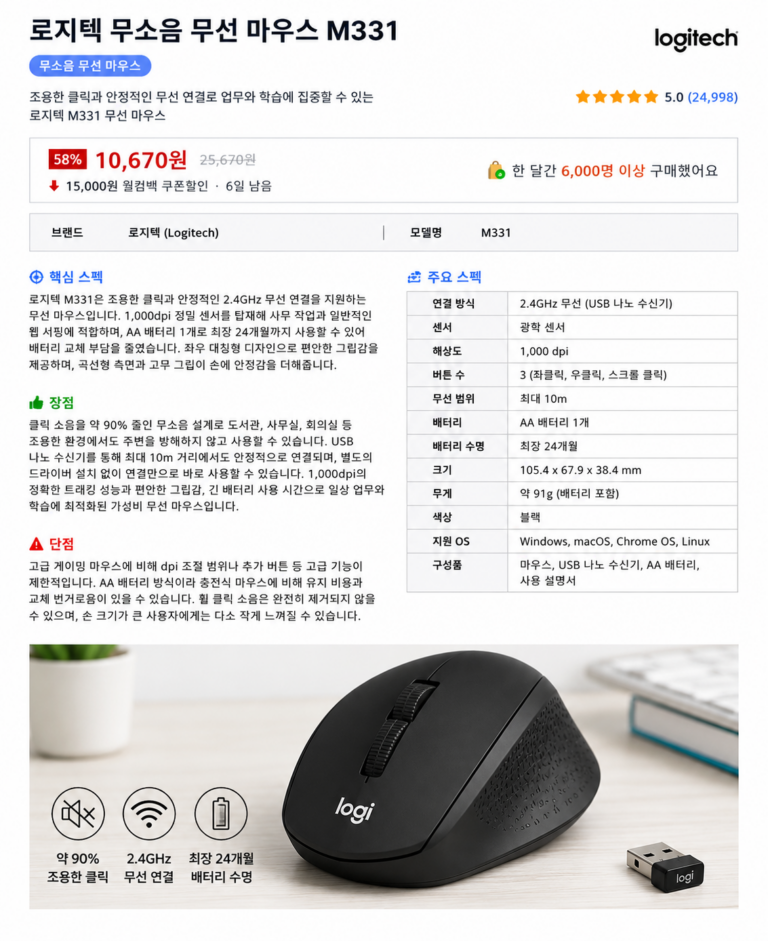 로지텍 M331 무소음 무선 마우스 특징과 장단점 사무용으로 좋은 이유