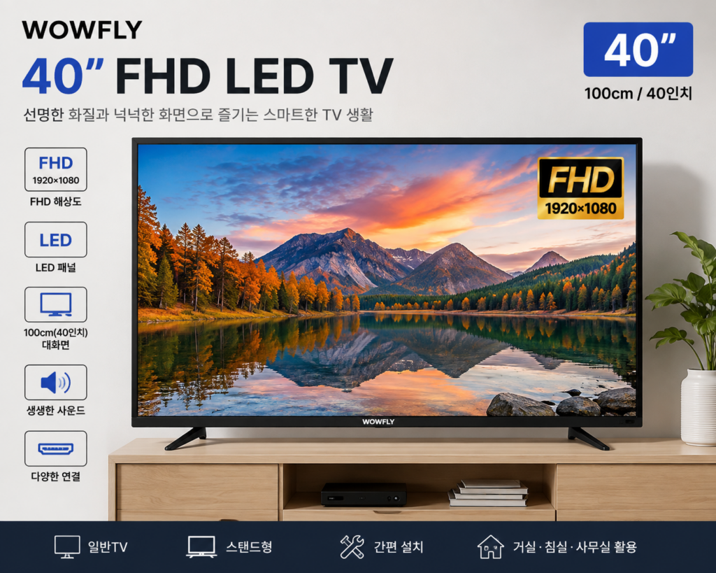 WOWFLY 40인치 FHD LED TV 100cm 스탠드형 특징과 장단점 제품 이미지