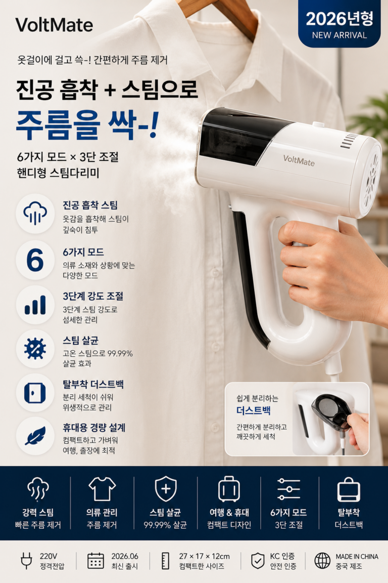 VoltMate TS-33322 진공 흡착식 핸디 스팀다리미 6가지 모드 3단 조절
