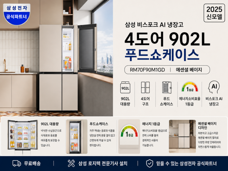 삼성 비스포크 AI 냉장고 4도어 902L 1등급 RM70F90M1GD 푸드쇼케이스