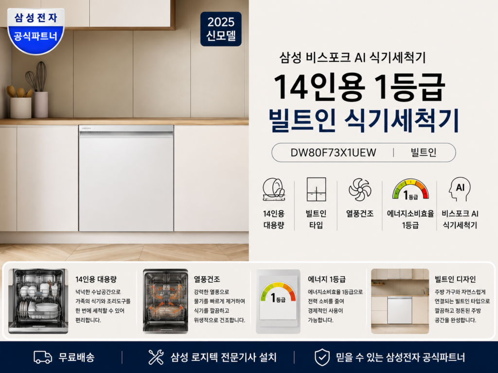 삼성 비스포크 AI 식기세척기 14인용 1등급 DW80F73X1UEW 빌트인 열풍건조 제품 이미지