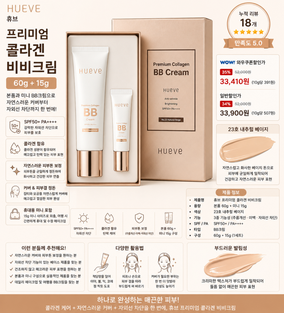 휴브 프리미엄 콜라겐 비비크림 60g+15g 23호 내추럴 베이지 SPF50+ PA++++ 제품 이미지