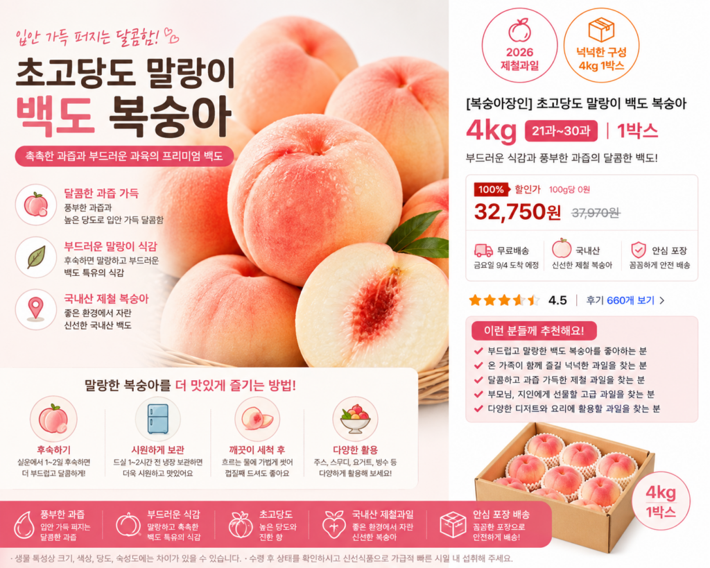 초고당도 말랑이 백도 복숭아 4kg 1박스 21~30과 제품 이미지