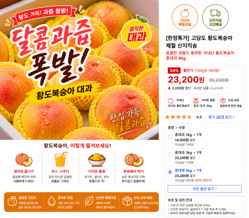 한입 가득 달콤한 국내산 황도복숭아 대과 4kg 제철 산지직송 제품 이미지