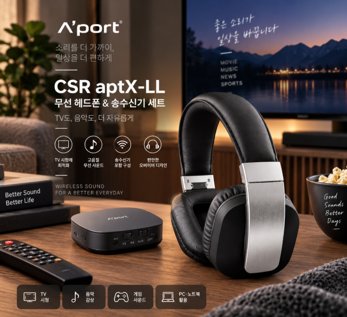 TV와 음악을 편하게 즐기는 무선 청취 환경, 에이포트 CSR aptX-LL 블루투스 헤드폰