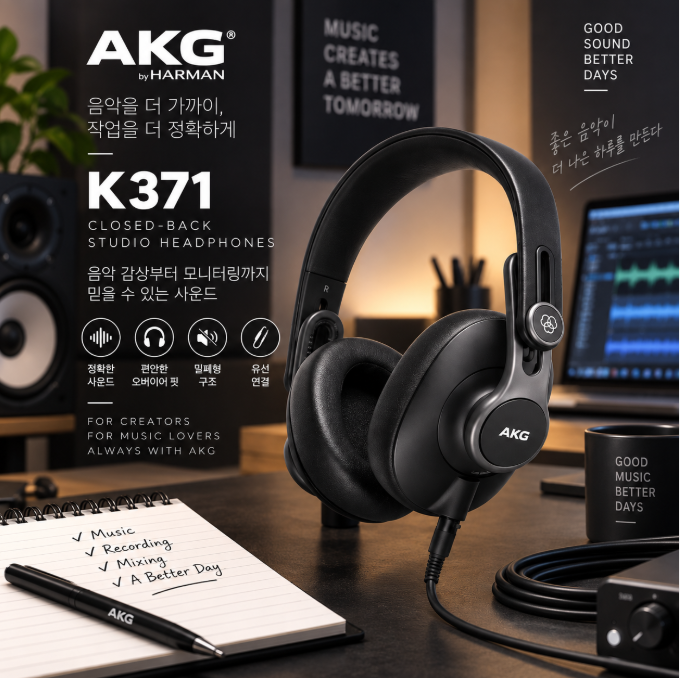 편안한 음악 감상과 작업을 위한 클래식 선택, AKG K371 오버이어 밀폐형 스튜디오 헤드폰