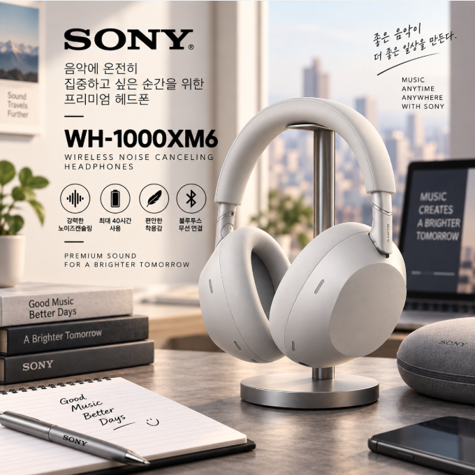 프리미엄 사운드와 세련된 디자인, 소니 WH-1000XM6 플래티넘 실버 노이즈캔슬링 헤드폰