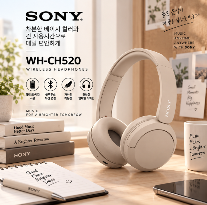집에서도 외출할 때도 가볍게 즐기는 데일리 음악생활, 소니 WH-CH520 베이지 블루투스 헤드폰