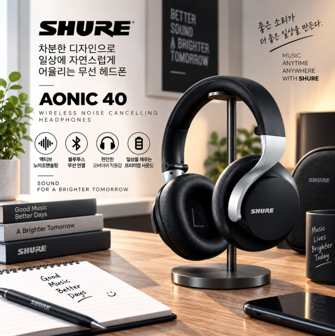 출퇴근부터 여유로운 음악시간까지, 슈어 AONIC 40 블랙 노이즈캔슬링 블루투스 헤드폰