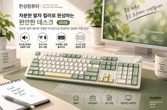 차분한 말차 컬러로 완성하는 편안한 데스크, 한성컴퓨터 OfficeMaster GK104 저소음 멤브레인 키보드