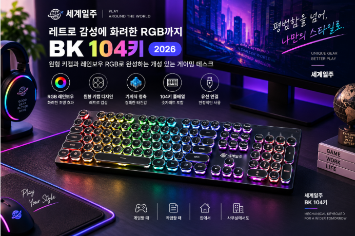 레트로 감성에 화려한 RGB까지, 세계일주 BK 104키 유선 기계식 게이밍 키보드