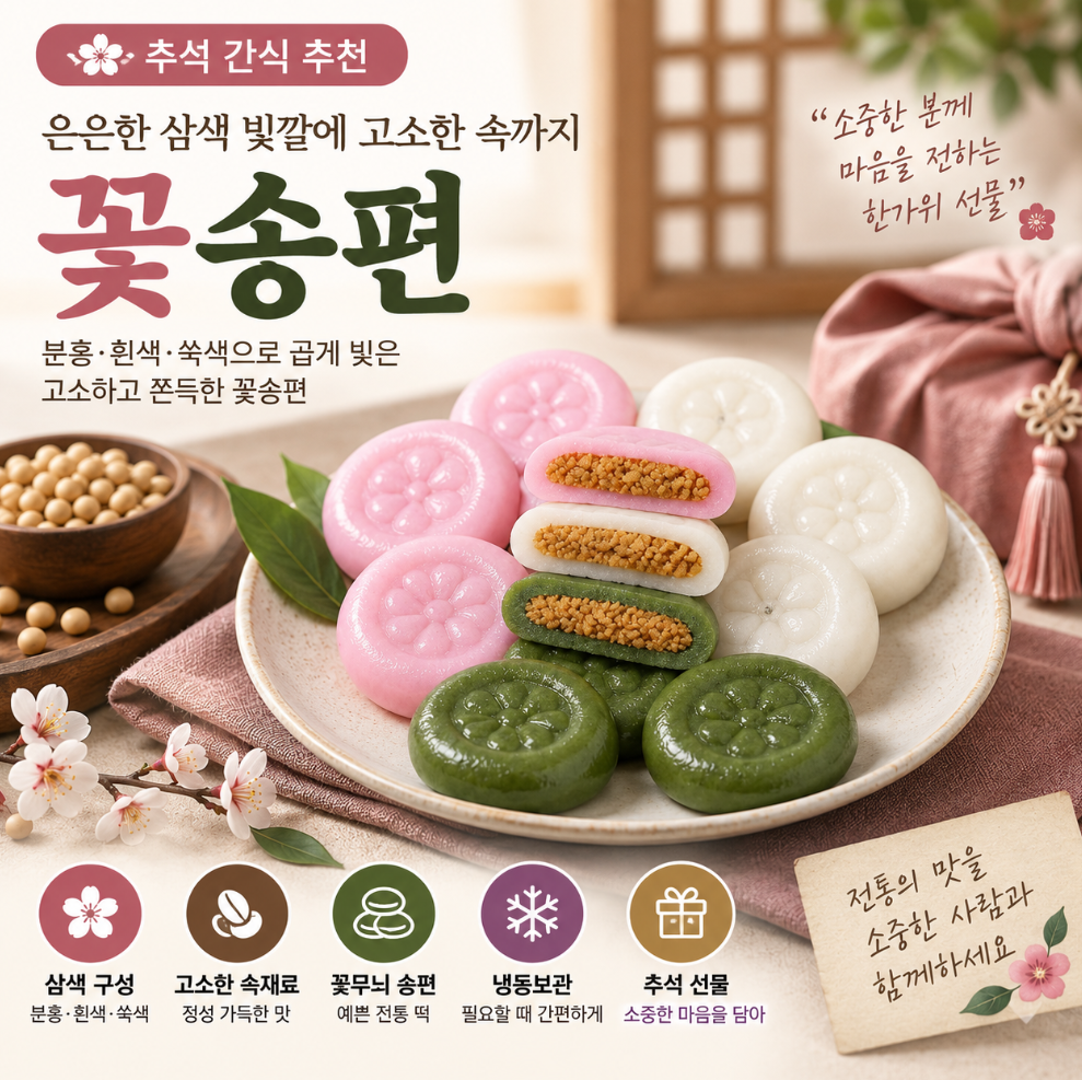 은은한 삼색 빛깔에 고소한 속까지, 꽃송편 한가위 간식 추석선물 500g 제품 이미지