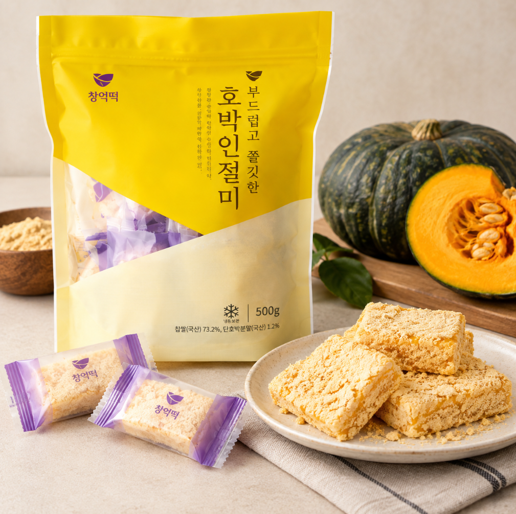 간편한 아침·든든한 간식으로 좋은 쫄깃한 창억떡 호박인절미 500g 추석 한가위 명절 떡 고민 걱정 끝 제품 이미지