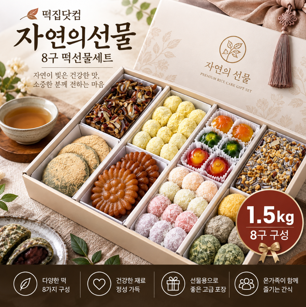 정성 가득 선물·고급 디저트·온가족 간식 떡집닷컴 자연의선물 8구 떡선물세트 1.5kg 제품 이미지