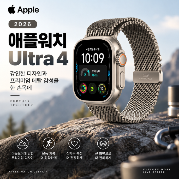 프리미엄 티타늄과 세련된 메탈 밴드, 애플워치 Ultra 4 건강·운동 스마트워치
