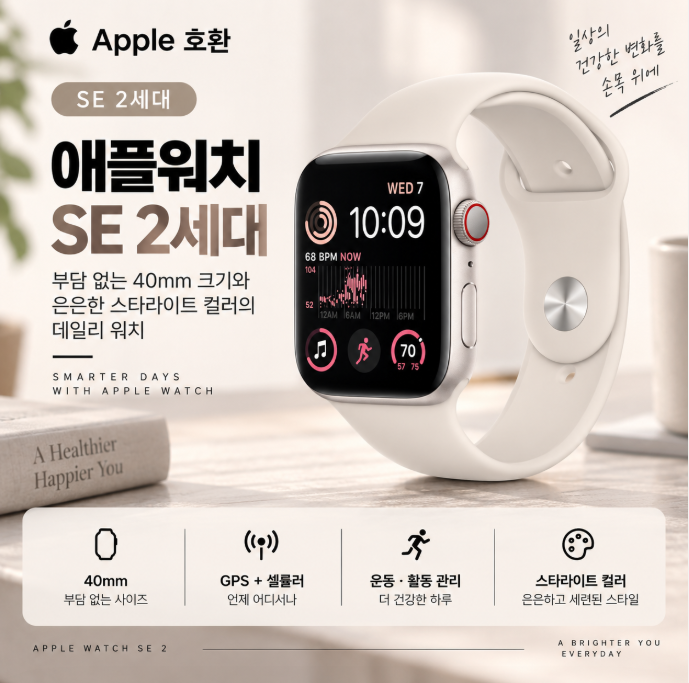 가볍고 편안한 데일리 착용, 애플워치 SE 2세대 40mm 스타라이트 건강·운동 관리 가성비