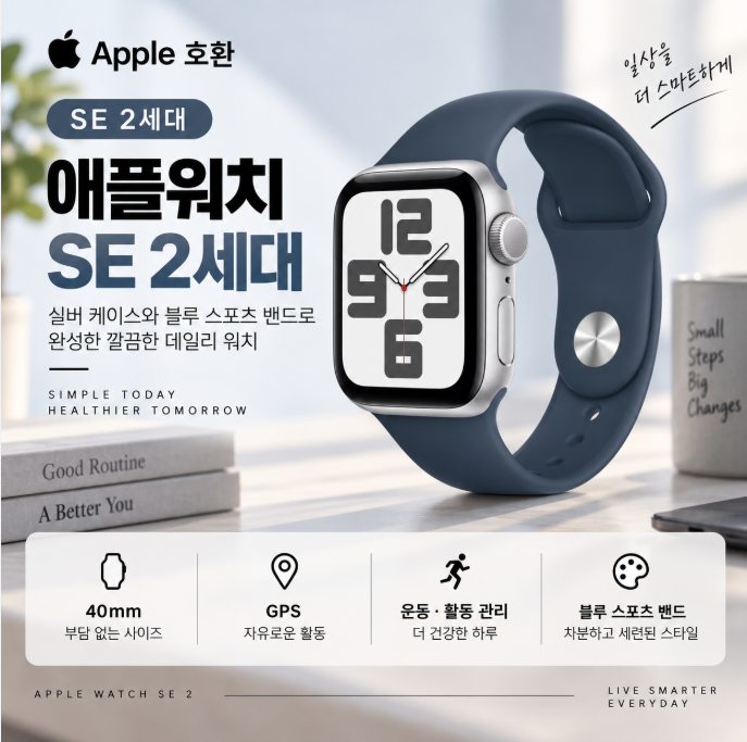 부담 없는 40mm와 차분한 블루 밴드, 가성비 애플워치 SE 2세대 데일리·운동 스마트워치