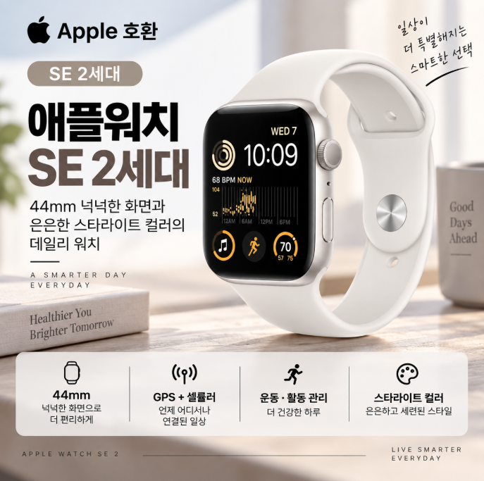 편안한 착용감과 넉넉한 화면, 애플워치 SE 2세대 44mm 스타라이트 데일리 스마트워치 아이들 최고 선물