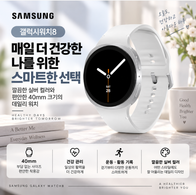 가볍고 깔끔한 실버 디자인, 삼성 갤럭시워치8 40mm 건강·운동 관리 스마트워치