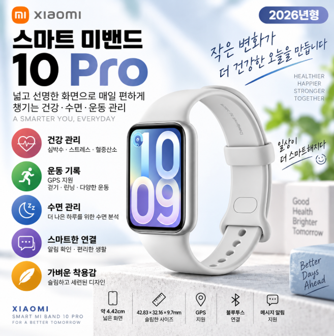 샤오미 스마트 미밴드 10 Pro 글레이셔 실버 큰화면·건강관리·수면체크 가성비 스마트밴드