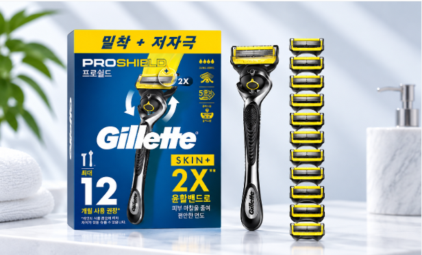 밀착 면도와 피부 부담까지 생각한 질레트 프로쉴드 옐로우 면도기 12입 실속 세트