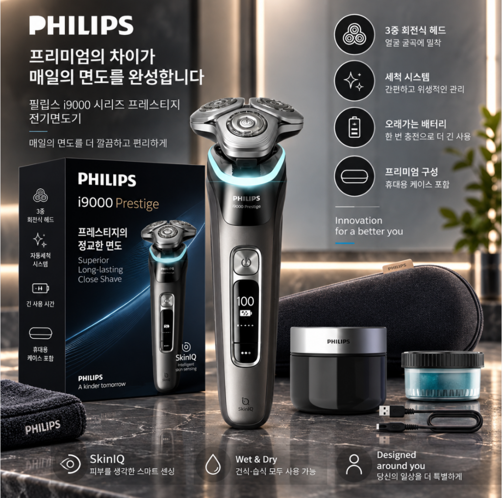 부모님 선물로 좋은 필립스 i9000 프레스티지 전기면도기, 프리미엄 면도와 간편한 관리 제품 이미지