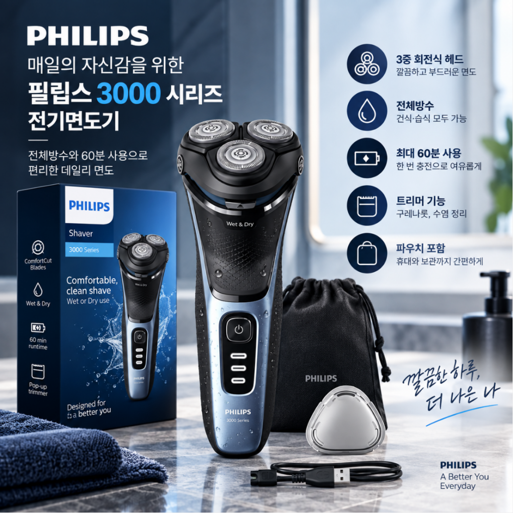 부담 없는 부모님 실속 선물 필립스 3000 시리즈 전기면도기, 전체방수와 60분 사용 제품 이미지