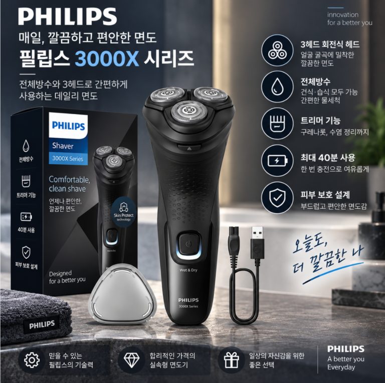 실속 선물로 좋은 필립스 3000X 시리즈 전기면도기, 전체방수로 간편한 데일리 면도