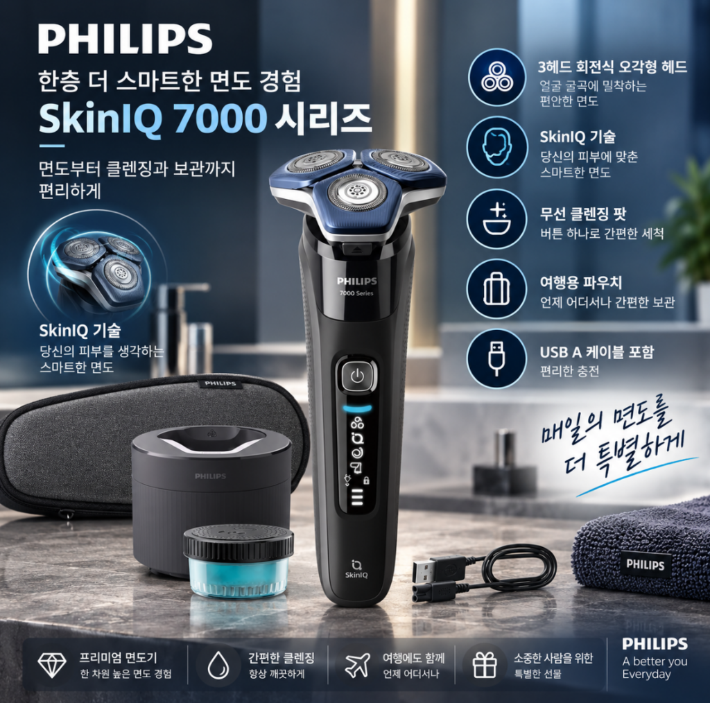 남편 선물로 좋은 필립스 SkinIQ 7000 전기면도기, 무선 클렌징과 편리한 관리 제품 이미지