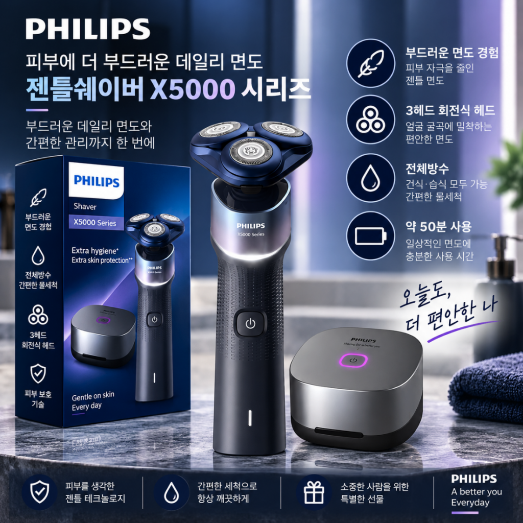 피부 부담 줄이는 데일리 면도 필립스 젠틀쉐이버 X5000, 깔끔한 관리까지 편리하게 제품 이미지