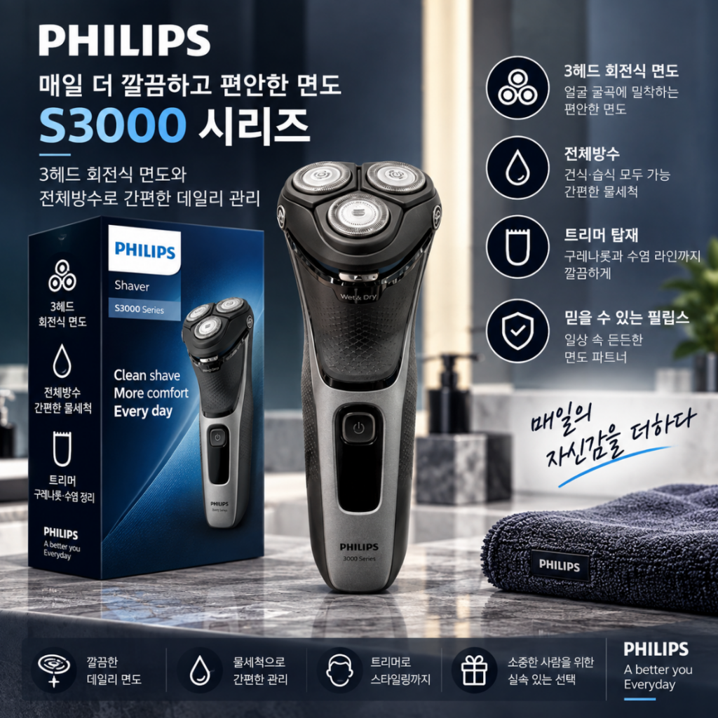 매일 쓰기 편한 실속 면도기 필립스 S3000, 깔끔한 물세척으로 관리까지 간편하게 제품 이미지