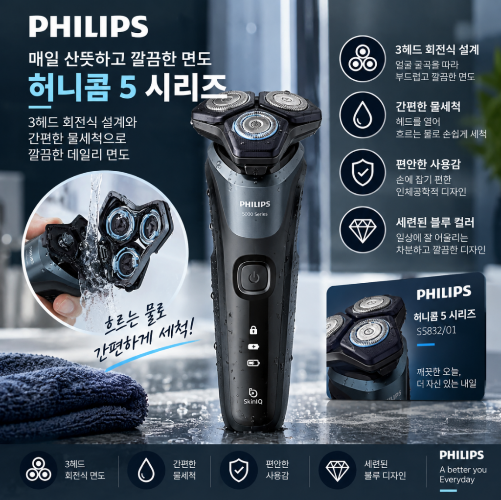 매일 산뜻하고 깔끔하게, 물세척이 편한 필립스 허니콤 5 시리즈 전기면도기 제품 이미지