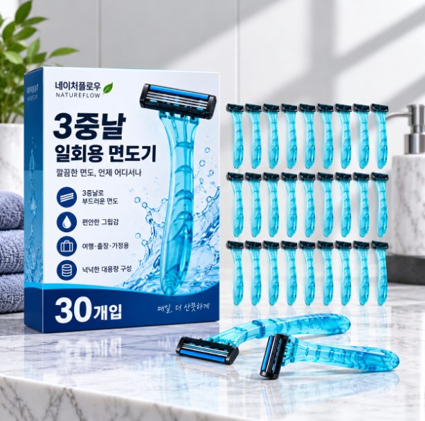 한 번 준비하면 넉넉하게, 네이처플로우 3중날 일회용 면도기 30개 대용량 세트 쟁이기