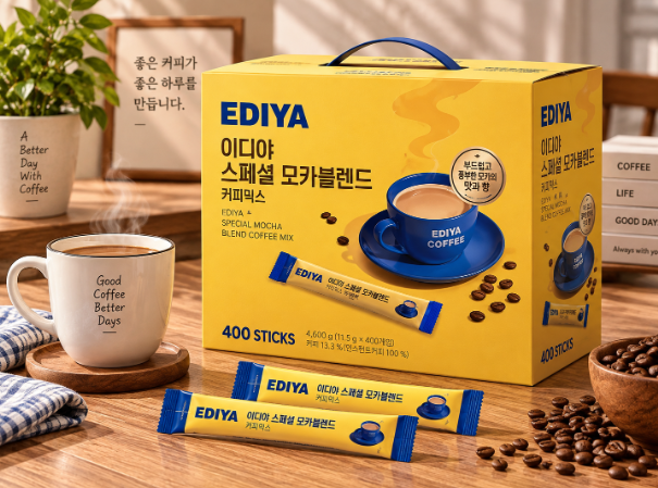 매일 부드럽게 즐기는 홈카페 이디야 스페셜 모카블렌드 커피믹스 400스틱 대용량 실속 구성