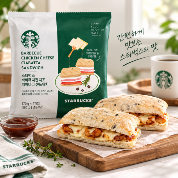 간편한 한 끼 스타벅스 바비큐 치킨 치즈 치아바타, 든든한 냉동 샌드위치