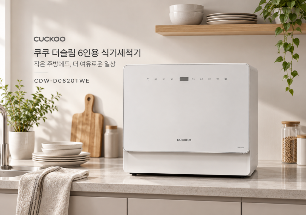 쿠쿠 더슬림 6인용 식기세척기, 설거지 부담 줄이고 주방을 깔끔하게 관리 CDW-D0620TWE 제품 이미지