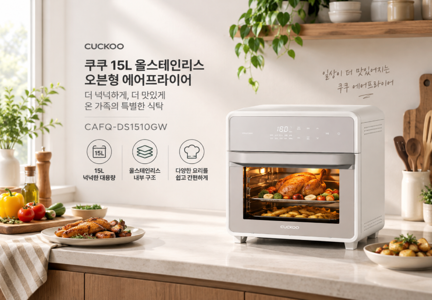 쿠쿠 15L 올스테인리스 오븐형 에어프라이어, 넉넉한 대용량으로 온 가족 요리까지 간편하게 CAFQ-DS1510GW 제품 이미지