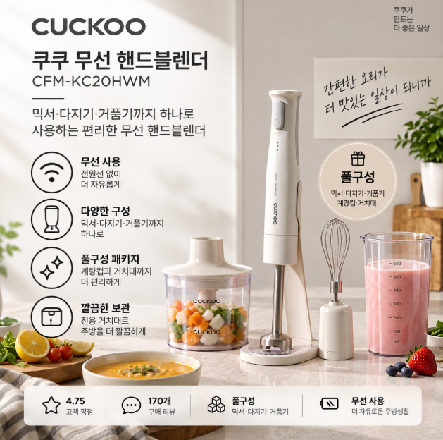 손목 부담 줄이고 요리는 더 간편하게 무선 핸드블렌더 풀구성 쿠쿠 CFM-KC20HWM
