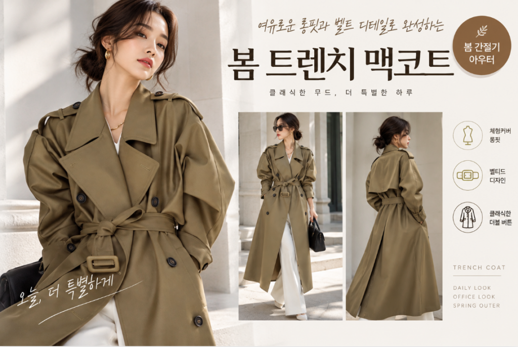고급스러운 실루엣·체형커버 여성 봄 카라 벨티드 롱 트렌치 맥코트 제품 이미지
