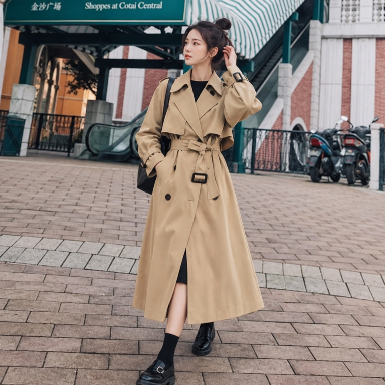 간절기 데일리룩 우아한 실루엣 벨티드 여성 롱 트렌치코트