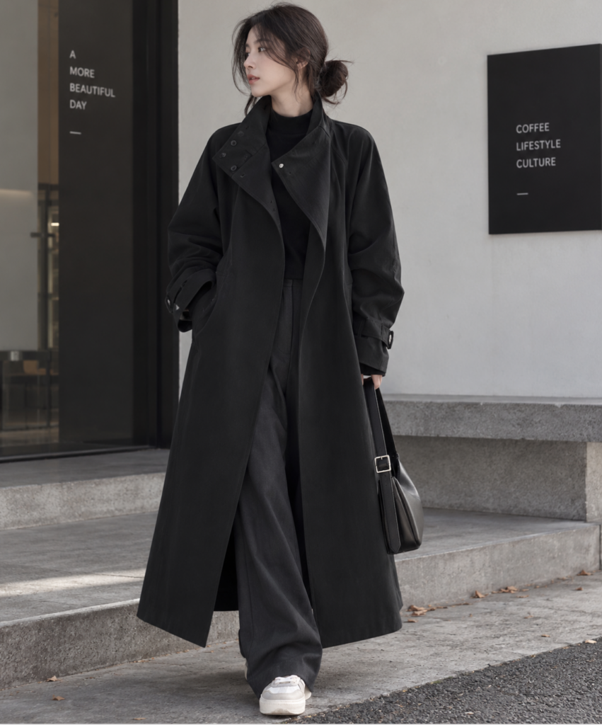 간절기 데일리룩 시크한 루즈핏 하이넥 여성 블랙 롱 트렌치코트 제품 이미지