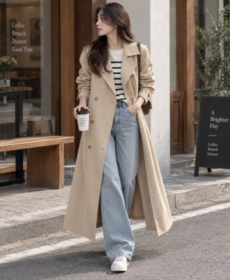간절기 데일리룩 편안한 여유핏 여성 베이지 롱 더블 트렌치코트