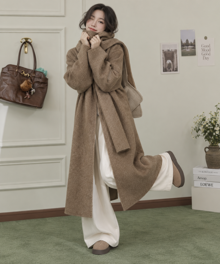 겨울 데일리룩 포근한 울 혼방 여성 롱 머플러 코트 KUOSE