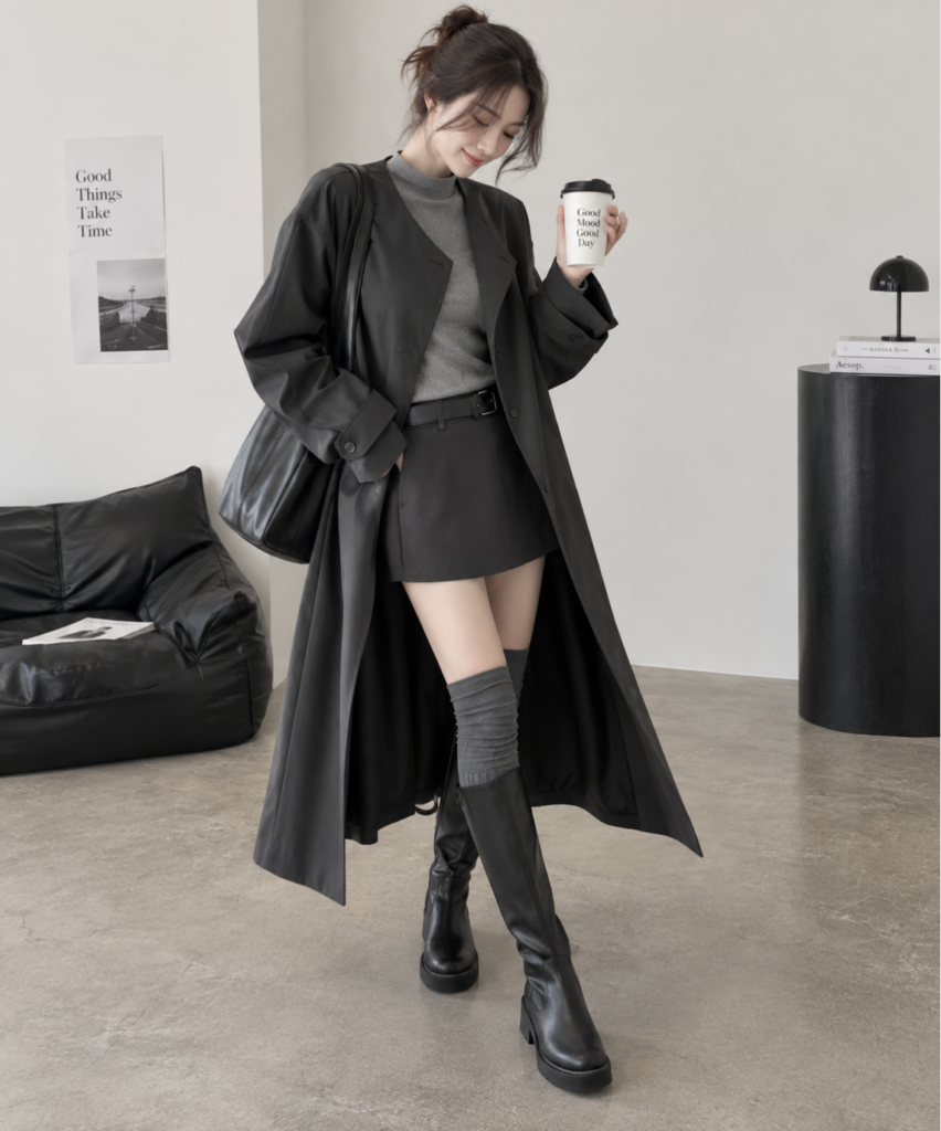 시크한 간절기룩 세련된 노카라 여성 블랙 롱 트렌치코트 제품 이미지