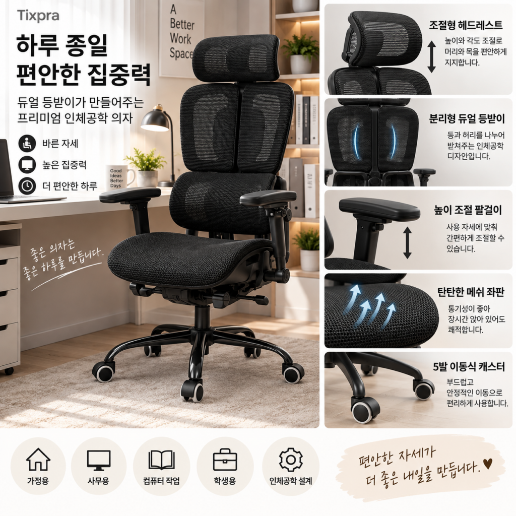 하루 종일 앉아도 편안하게, Tixpra 듀얼 등받이 프리미엄 인체공학 전문가 게이밍 사무용 의자 제품 이미지
