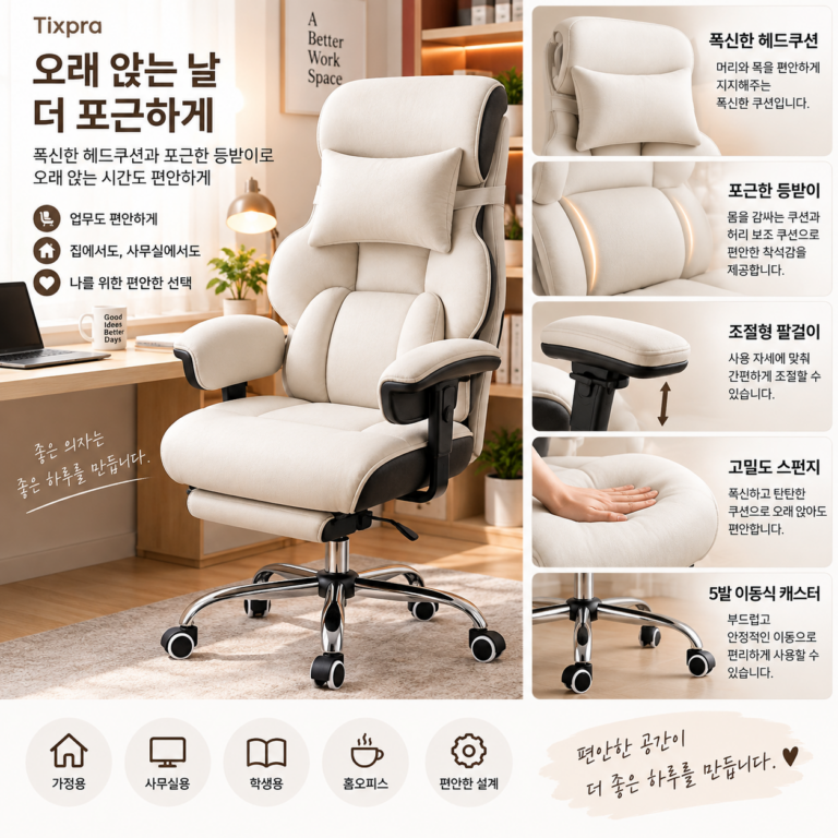 오래 앉는 날 더 포근하게, Tixpra 아이보리 화이트 쿠션 홈오피스 감성 안락 의자