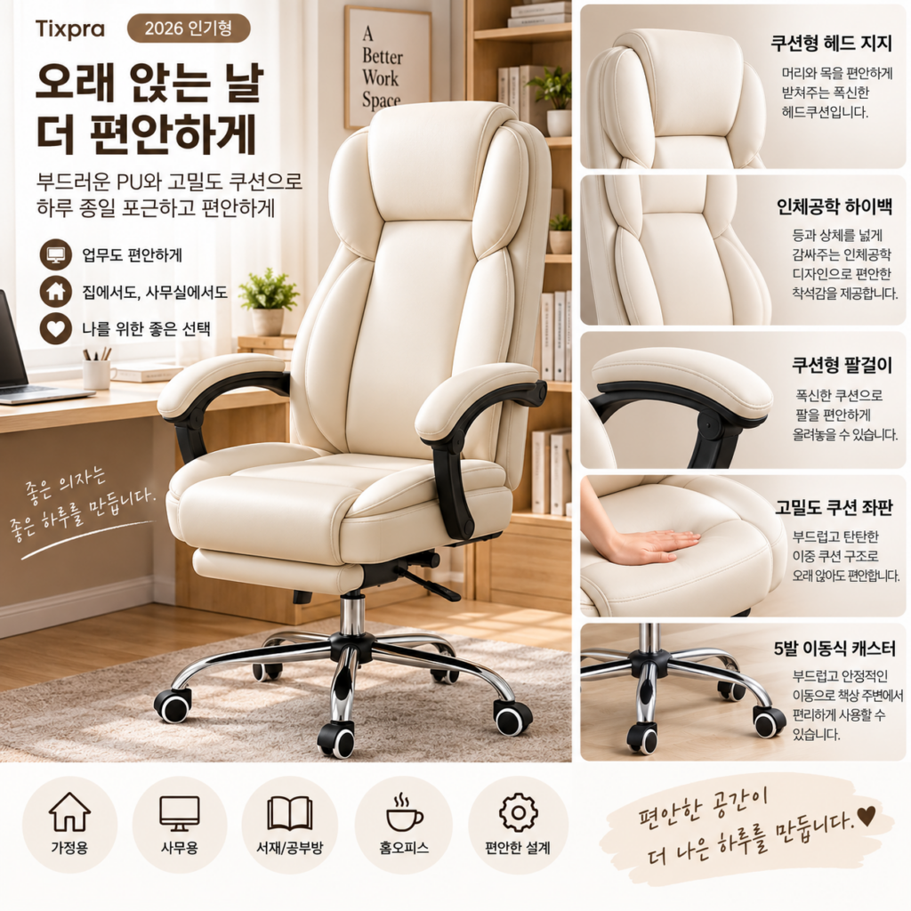 오래 앉는 날 더 편안하게, Tixpra 고밀도 쿠션 인체공학 홈오피스 감성 의자 제품 이미지