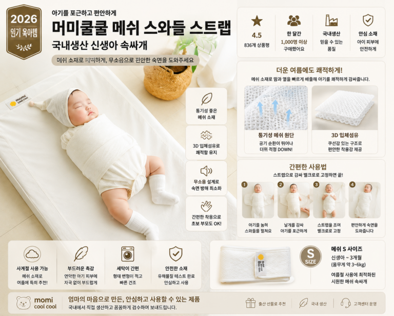 머미쿨쿨 국내생산 메쉬 무소음 스와들 스트랩 신생아 속싸개
