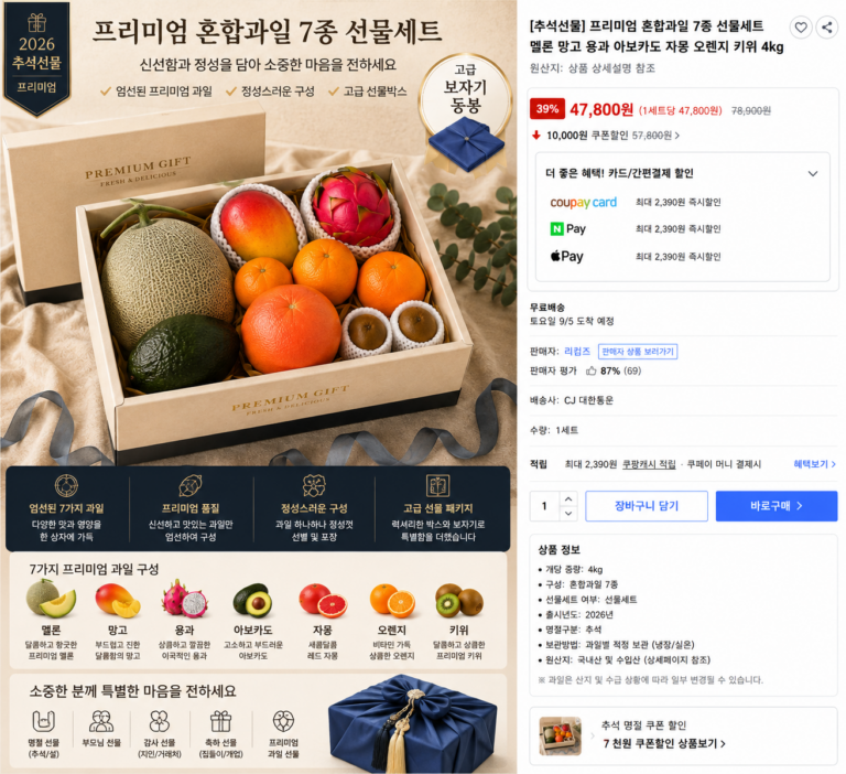 [추석선물] 프리미엄 혼합과일 7종 선물세트 멜론 망고 용과 아보카도 자몽 오렌지 키위 4kg