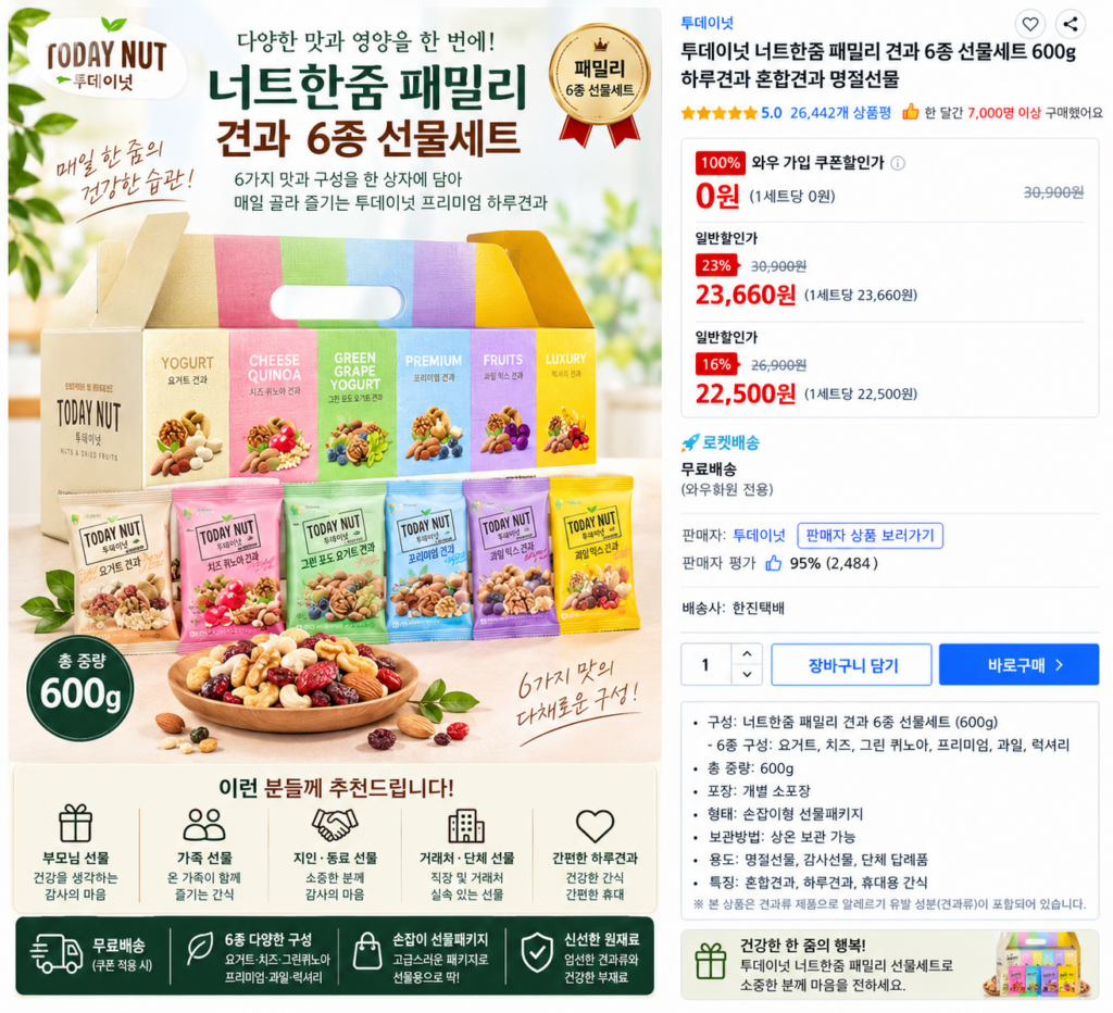 투데이넛 너트한줌 패밀리 견과 6종 선물세트 600g 하루견과 혼합견과 명절선물 제품 이미지